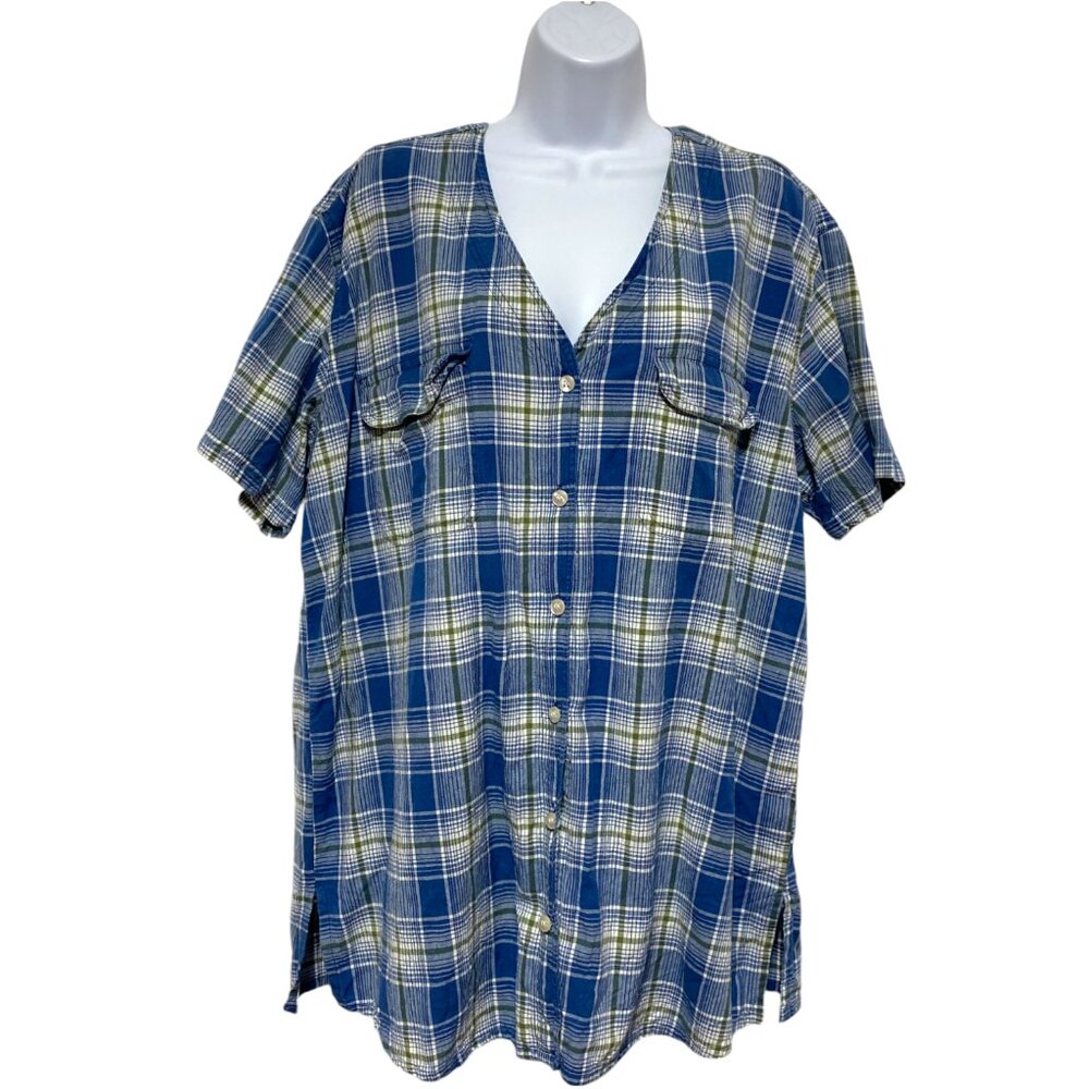 Women's Plus Size 1X Plaid Top Pockets-Button Down V-Neck Design-Camille Claudel
